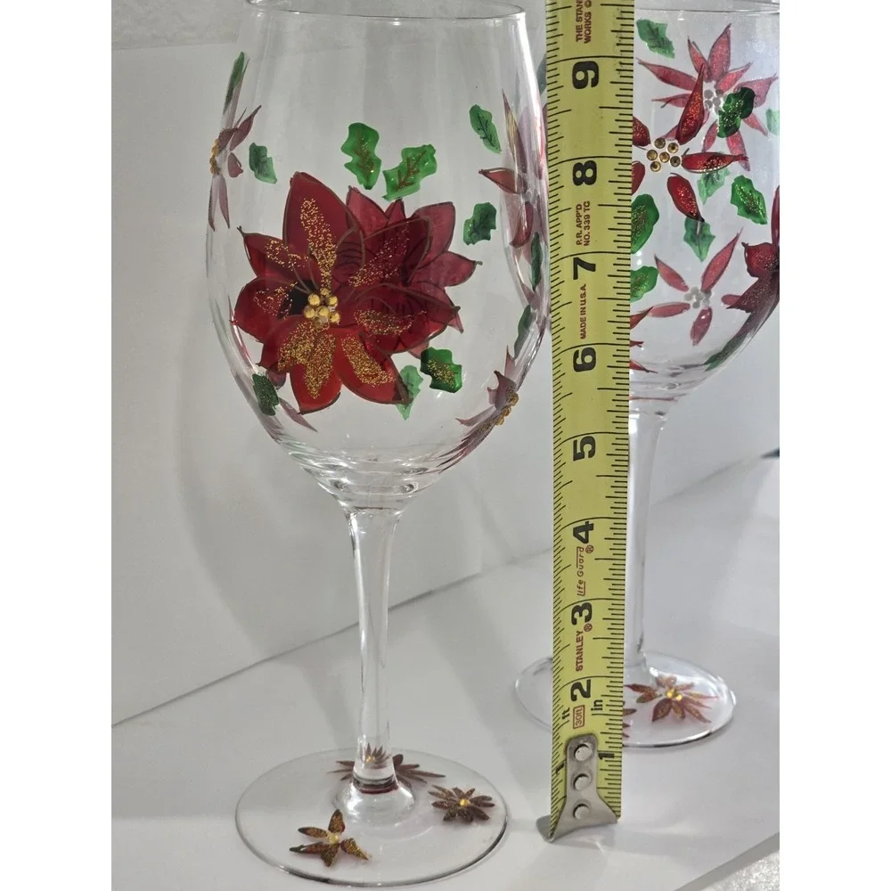Wine Glasses Hand Painted Set of 2 Christmas Pointsettia
